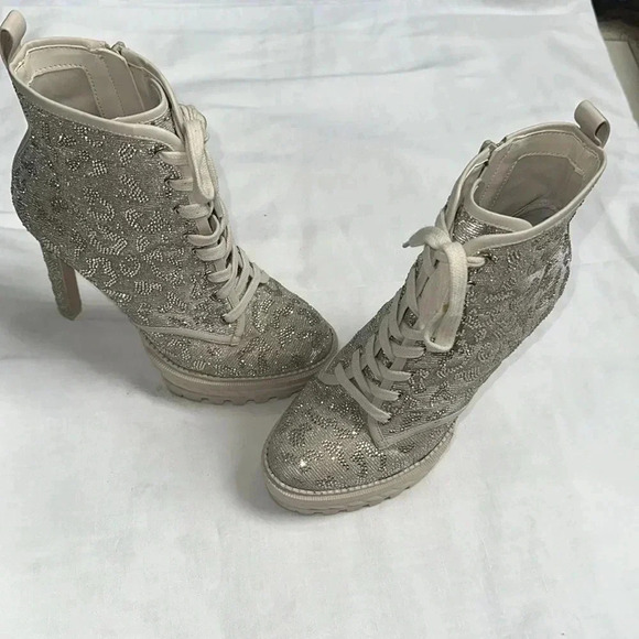 EUC GIANNI BINI HALLAND GLITZY EMBELLISHED LEOPARD PLATFORM HEELED BOOTIES - Picture 2 of 13